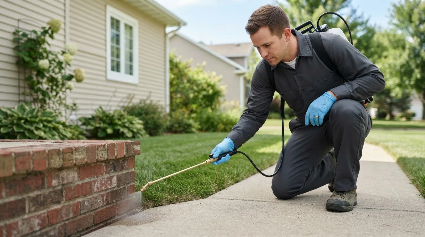 Pest control technician treating a home near Oldhams, VA
